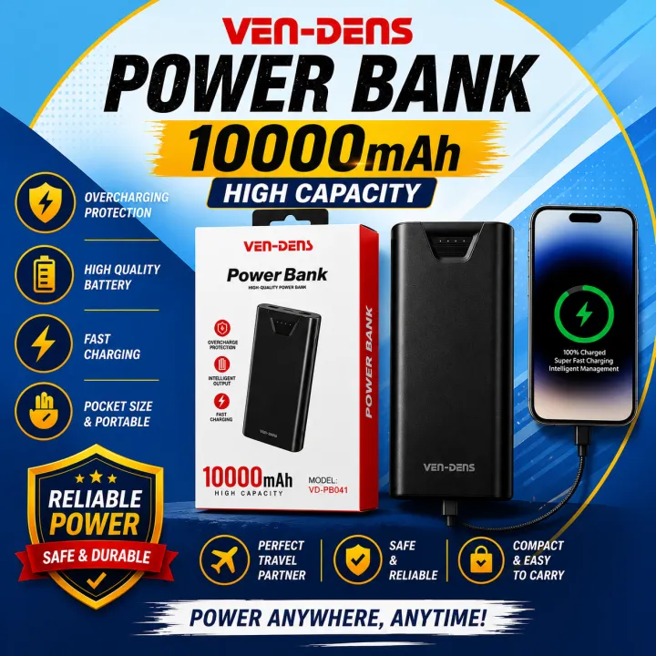 VEN-DENS 10000mAh Fast Charging Power Bank VD-PB041 – Dual USB Ports, Lightweight Portable Battery Pack for Android & iPhone