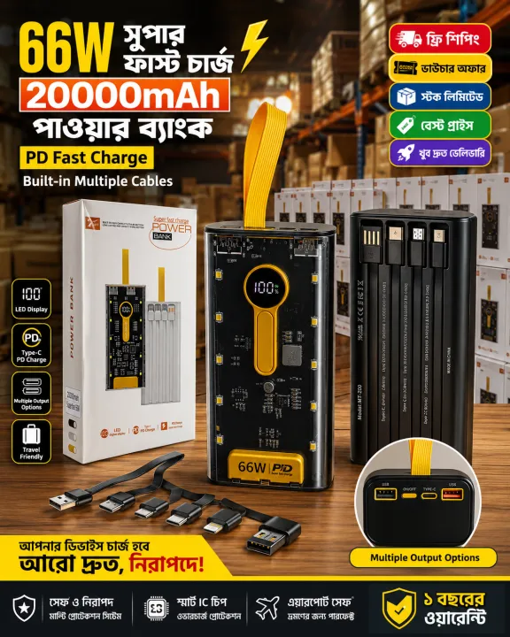 20000 mah Power Bank 22.5W Fast Charging PD Transparent Power bank with Night Light By Sparkon